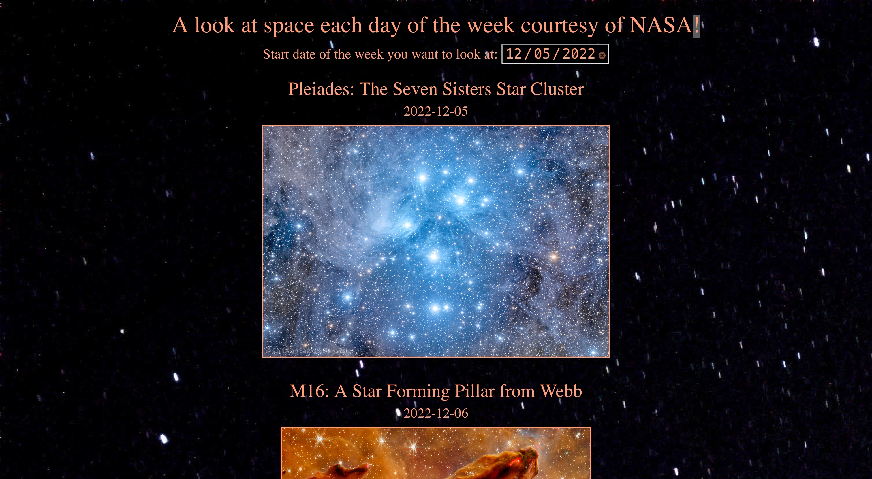 picture of site depicting NASA photos of the day